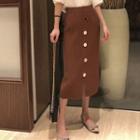High-waist Ribbed Single-button Plain Skirt