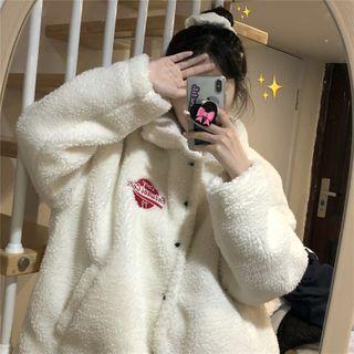 Fleece Collared Embroidered Coat As Shown In Figure - One Size