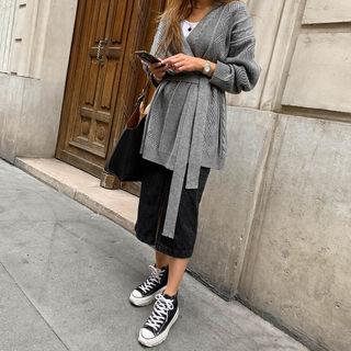 Woolen Cable-knit Cardigan & Sash