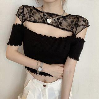 Short-sleeve Lace Panel Cutout Crop Top