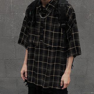 Elbow-sleeve Overhead Plaid Shirt