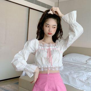 Lace Trim Square Collar Cropped Top White - One Size