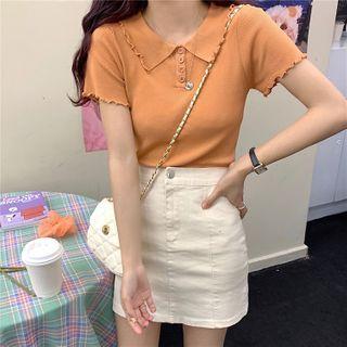 Polo-collar Wood Ear Trim Short-sleeve Top