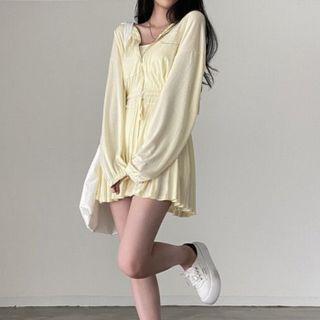 Set: Zip Hoodie + A-line Mini Skirt Set Of 2 - Hoodie & Skirt - Yellow - One Size