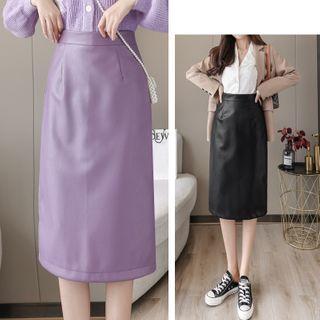 Faux Leather Slit Sheath Skirt