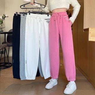 Heart Embroidered Drawstring Cropped Harem Pants
