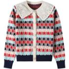 Collared Pattern Cardigan Black & Red & Blue - One Size