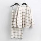 Long-sleeve Knit Cardigan + Knit Midi Dress Off-white - One Size