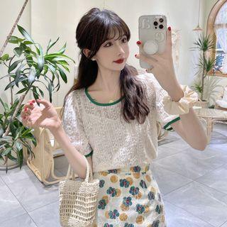 Short-sleeve Lace Top + Patterned Mini Skirt