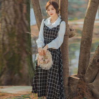 Long-sleeve Plaid Lace Trim Midi Shirt Dress