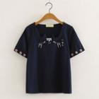 Short-sleeve Embroidered T-shirt Navy Blue - One Size