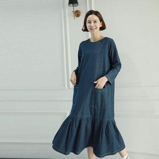 Ruffle-hem Midi Denim Dress