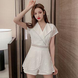 Set: Short-sleeve Lace Open-collar Top + Shorts