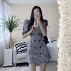 Short Sleeve Double Breasted Plaid Dress Plaid - One Size