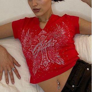 Short-sleeve Rhinestone Cross Print T-shirt