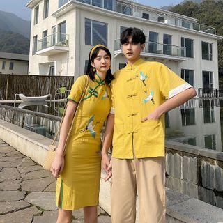 Couple Matching Elbow-sleeve Embroidered Shirt / Mini A-line Dress / Pants / Set