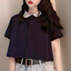 Peter Pan Collar Cropped Blouse Navy Blue - One Size