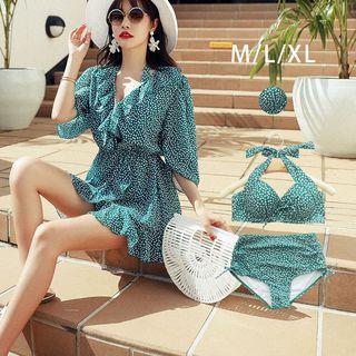 Set: Printed Frill Trim Cover-up + Bikini