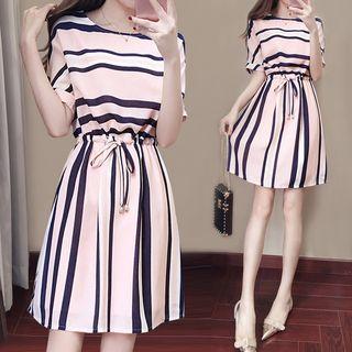 Striped Drawstring Elbow-sleeve A-line Dress