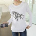 Sequined Bird Lettering Embroidery T-shirt