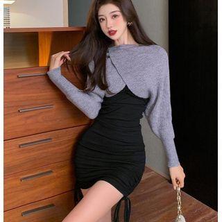 Set: Spaghetti Strap Ruched Mini Bodycon Dress + Knit Shrug