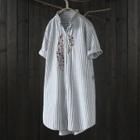 Embroidered Striped Short-sleeve Long Shirt