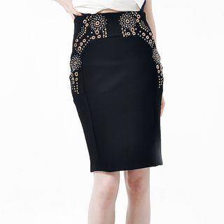 Embellished Slit Mini Sheath Skirt Black - S