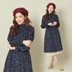 Floral Long-sleeve Midi A-line Dress 05 - Blue - One Size