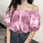 Short-sleeve Tie Dye Off-shoulder Blouse Pink - One Size