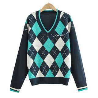 Long Sleeve V-neck Argyle Loose-fit Sweater
