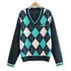 Long Sleeve V-neck Argyle Loose-fit Sweater