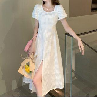 Puff-sleeve Beaded Midi A-line Dress