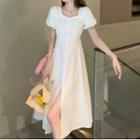 Puff-sleeve Beaded Midi A-line Dress