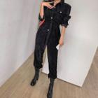 Snap-button Corduroy Jumpsuit With Sash