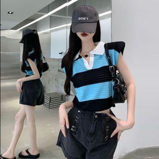 Sleeveless Striped Polo Shirt / Denim Shorts