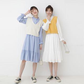 Bell-sleeve Midi A-line Dress / Sweater Vest