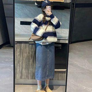 Color Block Striped Sweater / Denim Midi Pencil Skirt / Set