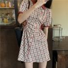 Short-sleeve Plaid A-line Dress Plaid - Red - One Size