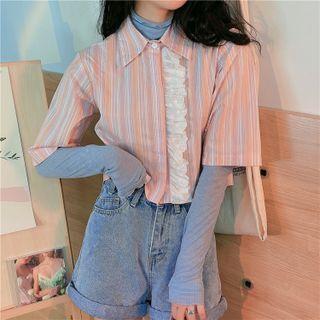 Short-sleeve Striped Lace Trim Crop Shirt