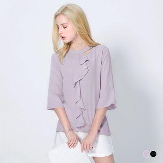 Ruffled Front Bell Sleeve Chiffon Top
