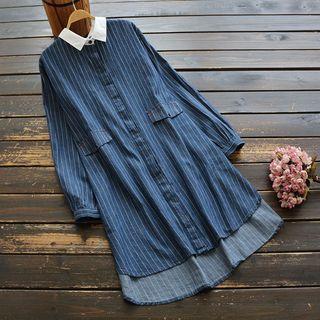Long-sleeve Striped Denim Shirt Dress Dark Blue - One Size