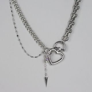 Layered Chain Heart Necklace Silver - One Size