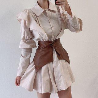 Plain Long-sleeve A-line Shirt Dress Almond - One Size