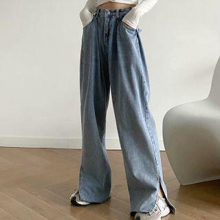 High-waist Slit Ruched Straight Leg Jeans