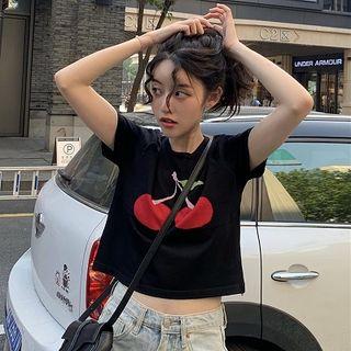Short-sleeve Cherry Jacquard Cropped T-shirt