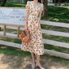 Short-sleeve Orange Print Midi A-line Dress