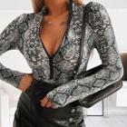Long-sleeve Snakeskin Print Zip-up T-shirt