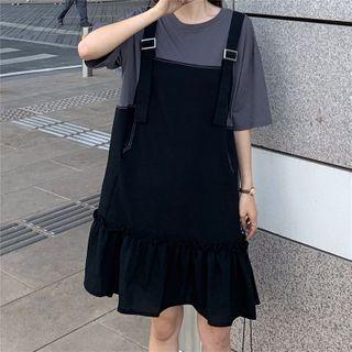 Mock Two Piece A-line Dress Black & Gray - One Size