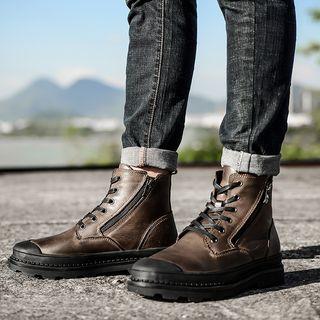 Genuine-leather Lace-up Zip-side Ankle Boots
