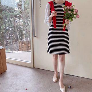 Perforated-sleeve Striped Dress Black - One Size